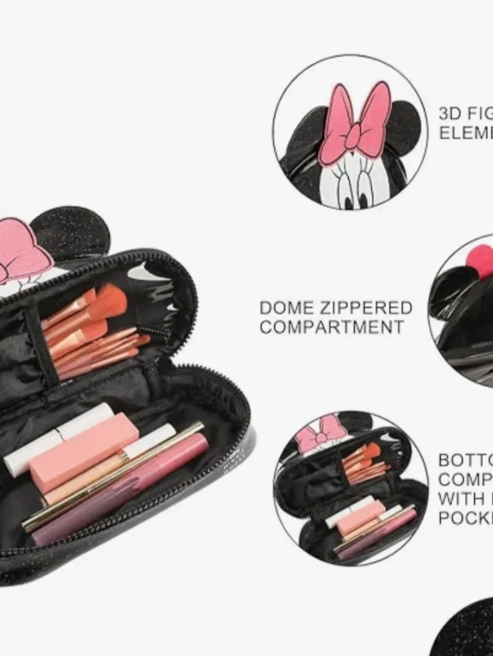Disney Minnie Mouse Black Glitter Cosmetic Bag 6” 3D Ears Bioworld NEW